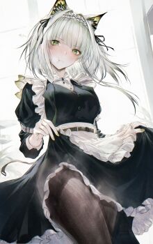 1girl absurdres animal_ears apron arknights arm_belt belt black_pantyhose black_ribbon bow bowtie breasts cat_ears cat_girl closed_mouth clothes_lift commentary cowboy_shot frilled_apron frilled_skirt frills green_eyes green_hair green_nails hair_ribbon highres kal&#039;tsit_(arknights) kal&#039;tsit_(the_remains_of_time)_(arknights) lifting_own_clothes long_sleeves looking_at_viewer maid maid_apron maid_headdress medium_breasts medium_hair official_alternate_costume pantyhose pout renoahh ribbon skirt skirt_lift solo steam white_belt white_bow white_bowtie