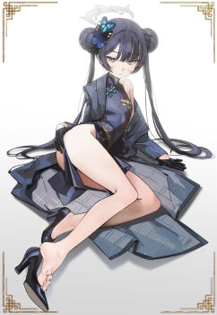 1girl absurdres bare_legs black_coat black_dress black_gloves black_hair black_shoes blue_archive braid bun_with_braided_base butterfly_hair_ornament china_dress chinese_clothes closed_mouth coat covered_navel double_bun dragon_print dress drive_shot feet full_body gloves grey_eyes grey_halo hair_bun hair_ornament half_gloves halo high_heels highres kisaki_(blue_archive) loli long_hair long_sleeves looking_at_viewer lying on_side pelvic_curtain pinstripe_coat print_dress revision shoes single_bare_foot sleeveless sleeveless_dress soles solo striped_coat toes twintails vertical-striped_coat