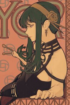 1girl art_nouveau bare_shoulders black_boots black_dress boots breasts character_name closed_mouth dagger dress earrings flower gold_earrings gold_hairband hair_between_eyes hair_flower hair_ornament hairband half-closed_eyes higemu highres holding holding_weapon jewelry knife long_hair medium_breasts red_eyes sidelocks solo spy_x_family stiletto_(weapon) thigh_boots updo upper_body weapon yor_briar