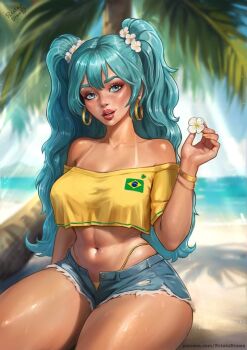 1girl aqua_eyes aqua_hair bikini blurry blurry_background bracelet brazilian_flag brazilian_flag_print brazilian_miku breasts commentary denim denim_shorts earrings english_commentary flag_print flower hair_flower hair_ornament hair_scrunchie hatsune_miku highres hoop_earrings jersey jewelry lipstick long_hair looking_at_viewer makeup medium_breasts navel open_fly open_mouth palm_tree potatodrawss scrunchie shadow short_shorts shorts sitting solo stomach swimsuit tan tanline torn_clothes torn_shorts tree vocaloid yellow_bikini