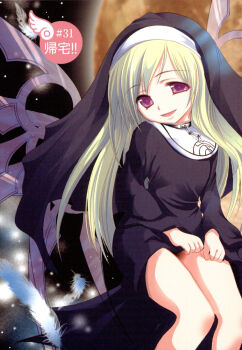 1girl angel_wings black_dress black_feathers blonde_hair chain chaos_(sora_no_otoshimono) child collar cowboy_shot dress feathers highres long_hair long_sidelocks long_sleeves looking_at_viewer mechanical_wings metal_collar minazuki_suu moon night nun official_art open_mouth purple_eyes shoes sidelocks smile solo sora_no_otoshimono tareme thighs traditional_nun unworn_shoes very_long_hair wings