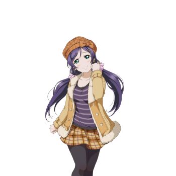 1girl black_pantyhose blush brown_hat brown_jacket earrings fur-trimmed_jacket fur_trim green_eyes hair_ornament hair_scrunchie hairpin hand_up hat jacket jewelry knit_hat long_hair long_sleeves love_live! love_live!_school_idol_festival love_live!_school_idol_project low_twintails official_alternate_costume official_art pantyhose plaid_clothes plaid_skirt purple_hair purple_shirt ring scrunchie shirt skirt striped_clothes striped_shirt swept_bangs tojo_nozomi transparent_background twintails white_day_(love_live!)