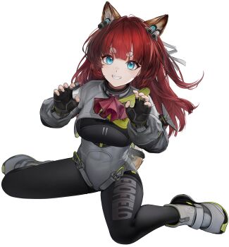 1girl absurdres akekuri_(arknights) animal_ears arknights arknights:_endfield black_bodysuit blue_eyes bodysuit breasts chinese_commentary commentary_request dog_ears dog_girl fingerless_gloves gloves grin highres irvinetope long_hair medium_breasts paw_pose red_hair shoes shrug_(clothing) simple_background sitting smile solo w white_background white_shoes white_shrug
