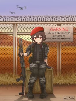 Rule 34 | 1girl, absurdres, artist name, barbed wire, beret, boots, box, brown hair, chain-link fence, english text, fence, fingerless gloves, gloves, gun, half-life (series), hat, hattorin, hecu marine, highres, holding, holding weapon, kono subarashii sekai ni shukufuku wo!, megumin, military, military uniform, pump action, radio, red eyes, shotgun, sitting, sky, smile, solo focus, spas-12, sunset, v-22 osprey, weapon