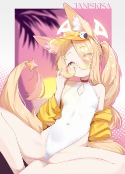 1girl absurdres animal_ear_fluff animal_ears blonde_hair blue_archive breasts fox_ears fox_girl fox_tail glasses halo highleg highres jacket kisahuiisa loli long_hair long_sleeves looking_at_viewer off_shoulder official_alternate_costume one-piece_swimsuit open_clothes open_jacket seia_(blue_archive) seia_(swimsuit)_(blue_archive) side_ponytail sitting small_breasts solo sunglasses swimsuit tail tinted_eyewear visor_cap white_one-piece_swimsuit yellow_halo yellow_jacket