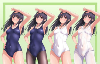 Rule 34 | 1girl, akippoi 0919, black hair, black pantyhose, blue one-piece swimsuit, breasts, brown eyes, commentary, covered navel, cowboy shot, gradient background, green background, hand on own hip, highres, long hair, medium breasts, multiple views, new school swimsuit, one-piece swimsuit, original, pantyhose, pantyhose under swimsuit, parted lips, school swimsuit, shaded face, smile, standing, swimsuit, wet one-piece swimsuit, white one-piece swimsuit, white pantyhose