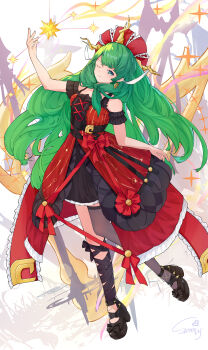 absurdres alternate_costume alternate_hair_length alternate_hairstyle amynos bare_shoulders black_ribbon black_shoes closed_mouth dress front_ponytail green_hair hair_ribbon highres kagiyama_hina leg_ribbon long_hair looking_at_viewer one_eye_closed red_dress red_ribbon ribbon shoes signature star_(sky) touhou very_long_hair