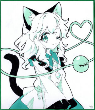 1girl animal_ear_fluff animal_ears border buttons cat_ears cat_tail closed_mouth collared_shirt commentary_request diamond_button eyeball frilled_shirt_collar frilled_sleeves frills green_border green_theme heart heart_of_string kemonomimi_mode komeiji_koishi long_sleeves looking_at_viewer miy_001 no_headwear one_eye_closed shirt signature solo tail third_eye touhou traditional_media wide_sleeves