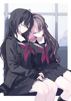 2girls black_hair black_sailor_collar black_shirt black_skirt black_socks black_sweater book brown_hair closed_eyes closed_mouth commentary_request head_rest highres holding holding_book indoors iris_black_games kisaragi_ren_(5th_costume)_(vspo!) kisaragi_ren_(vspo!) kneehighs long_hair long_sleeves misumi_(macaroni) multicolored_hair multiple_girls pink_hair pleated_skirt purple_eyes red_ribbon ribbon sailor_collar school_uniform shirt sitting skirt sleeping socks split-color_hair sweater tachibana_hinano virtual_youtuber vspo!