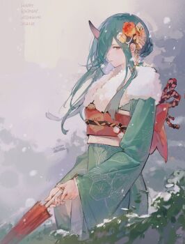 1girl arknights bad_id bad_twitter_id character_name closed_mouth closed_umbrella cowboy_shot dated flower green_hair green_kimono hair_flower hair_ornament hair_over_one_eye happy_birthday highres holding holding_umbrella horns hoshiguma_(arknights) japanese_clothes kimono long_hair long_sleeves looking_at_viewer obi otammato outdoors red_umbrella sash single_horn skin-covered_horns snow snowing solo umbrella wide_sleeves yellow_eyes