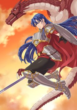 Rule 34 | absurdres, armor, armored boots, tear ring saga series: berwick saga, blue eyes, blue hair, boots, cape, dragon, dragon tail, fangs, gloves, highres, honma0220, knight, larentia (tear ring saga), long hair, polearm, shield, sky, solo, spear, tail, tear ring saga, weapon