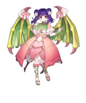 1girl cross-laced_sandals dragon_girl dragon_wings dress fire_emblem fire_emblem:_the_sacred_stones fire_emblem_heroes flower hair_flower hair_ornament highres looking_at_viewer myrrh_(fire_emblem) myrrh_(resplendent)_(fire_emblem) nintendo non-web_source official_alternate_costume official_art pink_dress purple_hair red_eyes sandals smile solo tachi-e twintails wings