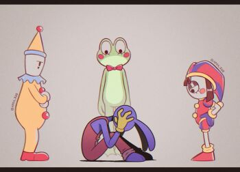 2boys 2girls apah_720 blue_gloves blush_stickers bow clown crossed_arms disgust frog_girl gloves grey_background hat jax_(the_amazing_digital_circus) jester jester_cap jester_costume kaufmo_(the_amazing_digital_circus) meme meme_request multicolored_hat multiple_boys multiple_girls neon_genesis_evangelion no_mouth parody pomni_(the_amazing_digital_circus) puffy_sleeves rabbit_ears red_bow ribbit_(the_amazing_digital_circus) short_hair short_sleeves simple_background striped_clothes striped_headwear the_amazing_digital_circus vertical-striped_clothes vertical-striped_headwear