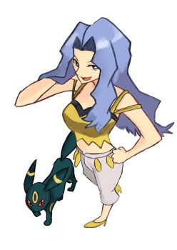 1girl bare_arms bare_shoulders black_fur blue_eyes blue_hair breasts camisole capri_pants colored_sclera crop_top gen_2_pokemon highres karen_(pokemon) long_hair looking_at_viewer midriff nintendo open_mouth pants pokemon pokemon_(creature) pokemon_hgss red_eyes red_sclera shirt simple_background smile spaghetti_strap tail tikuwabu_33 umbreon wavy_hair white_background white_pants yellow_camisole