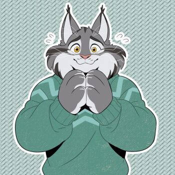1boy animal_ears cat_boy cat_ears closed_mouth flying_sweatdrops furry furry_male green_sweater hashtag-only_commentary highres looking_at_viewer male_focus own_hands_together pawbert_lynxley peapeafur smile sweater upper_body wavy_mouth zootopia
