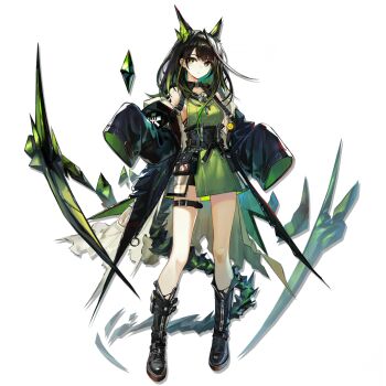 1girl animal_ears arknights boots cat_ears coat green_eyes highres long_hair material_growth mon3tr_(arknights) off_shoulder official_art open_clothes open_coat oripathy_lesion_(arknights) solo tail thigh_boots thigh_strap