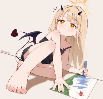 1girl bare_arms bare_legs bare_shoulders barefoot black_chemise black_horns black_tail blonde_hair blue_archive chemise commentary crayon demon_girl demon_horns demon_tail demon_wings dutch_angle halo highres horns ibuki_(blue_archive) long_hair solo sseopik tail wings yellow_eyes yellow_halo
