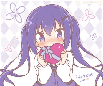 Rule 34 | 1girl, argyle background, blush, box, closed mouth, commentary request, dated, employee uniform, gochuumon wa usagi desu ka?, hair between eyes, hair ornament, hairclip, heart-shaped box, holding, holding box, long hair, long sleeves, mitarashi neko, nose blush, puffy long sleeves, puffy sleeves, purple eyes, purple hair, purple vest, rabbit house uniform, shirt, smile, solo, tedeza rize, translation request, twintails, upper body, valentine, very long hair, vest, waitress, white shirt