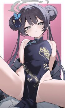 1girl absurdres black_dress black_hair blue_archive butterfly_hair_ornament china_dress chinese_clothes double_bun dragon_print dress grey_eyes hair_bun hair_ornament halo highres izuoku kisaki_(blue_archive) loli long_hair looking_at_viewer pelvic_curtain print_dress sleeveless sleeveless_dress twintails