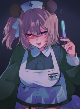 1girl absurdres animal_ears apron blush breasts brown_hair cowboy_shot dark_background dress green_dress hat highres holding holding_syringe indie_virtual_youtuber kokomi_(aniesuakkaman) large_breasts nimi_nightmare nimi_nightmare_(1st_costume) nurse_cap open_mouth side_ponytail simple_background solo syringe tapir_ears tapir_girl virtual_youtuber white_apron