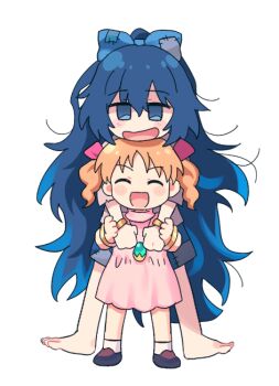 2girls aged_down bangle barefoot blue_bow blue_eyes blue_skirt bow bracelet child closed_eyes commentary_request dress facing_viewer grey_hoodie hair_bow hood hoodie hug hug_from_behind jewelry multiple_girls necklace open_mouth orange_hair patchwork_clothes pendant pink_dress re_ghotion shoes skirt smile socks toes touhou white_socks yorigami_jo'on yorigami_shion
