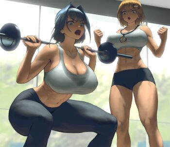 2girls abs alternate_breast_size alternate_costume barbell black_hair black_pants blonde_hair blue_eyes blue_hair breasts cleavage dumbbell exercising eyes_visible_through_hair green_eyes gym_shorts hair_intakes hair_ornament hololive hololive_english indoors infi large_breasts multiple_girls navel open_mouth ouro_kronii pants shirt short_hair shorts sports_bra stomach strapless tube_top v-shaped_eyebrows virtual_youtuber watch watson_amelia white_shirt white_sports_bra
