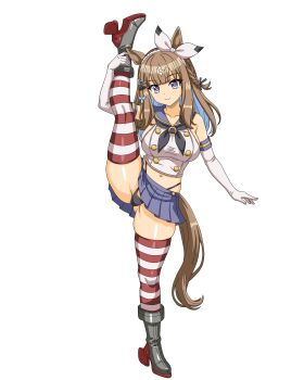 Rule 34 | 1girl, absurdres, almond eye (umamusume), animal ears, black neckerchief, black panties, blue eyes, blue hair, blue skirt, breasts, brown hair, colored inner hair, commentary request, cosplay, crop top, elbow gloves, gloves, hairband, highleg, highleg panties, highres, horse ears, horse girl, horse tail, kantai collection, large breasts, long hair, microskirt, midriff, multicolored hair, navel, neckerchief, panties, pinga95, pleated skirt, rudder footwear, shimakaze (kancolle), shimakaze (kancolle) (cosplay), skirt, smile, solo, split, standing, standing on one leg, standing split, striped clothes, striped thighhighs, symbol-shaped pupils, tail, thighhighs, thong, umamusume, underwear, white gloves, x-shaped pupils