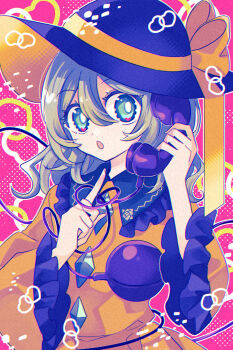 Rule 34 | 1girl, :o, black hat, blouse, bow, buttons, commentary request, corded phone, diamond button, eyeball, frilled shirt collar, frilled sleeves, frills, green eyes, green hair, hair between eyes, hat, hat bow, hat ribbon, heart, heart of string, highres, holding, holding phone, katsuragi atori, komeiji koishi, long sleeves, looking at viewer, medium hair, open mouth, phone, ribbon, shirt, skirt, skirt set, solo, talking on phone, third eye, touhou, wide sleeves, yellow bow, yellow ribbon, yellow shirt