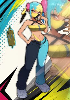 1girl absurdres bandeau bare_arms belt black_belt breasts canari_(pokemon) cleavage full_body gen_4_pokemon hand_on_own_hip hand_up highres kdtwifi mask mixed-language_commentary mouth_mask multicolored_hair navel nintendo no_jacket pants pokemon pokemon_legends:_z-a rotom rotom_phone shoes standing twintails white_shoes yellow_bandeau zipper