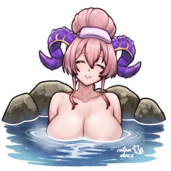 1girl alternate_hairstyle artist_name blush breasts cleavage closed_eyes closed_mouth collarbone commentary completely_nude curled_horns english_commentary fire_emblem fire_emblem_heroes hair_bun highres horns huge_breasts large_horns long_hair multicolored_horns nerthuz_(fire_emblem) nintendo nude onsen partially_submerged pink_hair pink_lips purple_horns rock rotomdocs signature simple_background smile solo towel towel_on_head two-tone_horns water white_background yellow_horns