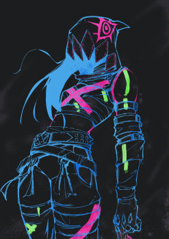 Rule 34 | absurdres, arcane: league of legends, arcane fractured jinx, arcane jinx, arm tattoo, arms at sides, bandages, belt, black background, blue hair, body markings, covered face, crop top, detached sleeves, fingerless gloves, gloves, highres, hood, jinx (league of legends), league of legends, leaning, lineart, long hair, long sleeves, markings, neon palette, obscured, pants, r4koo, shoulder tattoo, simple background, spikes, standing, stitching, tattoo, x (symbol)