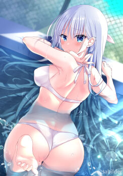 1girl absurdres alternate_costume armpit_crease ass back barefoot bikini blue_eyes blurry blurry_background blush breasts closed_mouth commentary_request cowboy_shot day dutch_angle eyes_visible_through_hair feet fingernails floating_hair from_behind furrowed_brow hair_between_eyes hair_ornament hair_over_shoulder hair_ribbon hairclip hands_up highres large_breasts leg_up long_hair looking_at_viewer looking_back naruse_shiroha outdoors parallel_hairclips partially_submerged pink_ribbon pool poolside ribbon ripples sabi_(sabilder) sidelighting skindentation soles solo split_mouth summer_pockets sunlight swimsuit thigh_gap toenails toes twitter_username very_long_hair water wet white_bikini white_hair