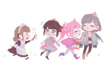 0_0 4girls :3 =_= ^_^ aiguillette anyoji_hime apron bag baguette black_hair black_pants black_shoes blunt_bangs blush boots bread brown_boots brown_hair cape cho_toutoi_love closed_eyes commentary crown deformed epaulettes flying_sweatdrops fold-over_boots food frilled_apron frills fur-trimmed_cape fur_trim green_eyes green_jacket grey_hair grey_jacket grey_pants hair_bun hair_ornament highres holding holding_bag jacket jacket_on_shoulders jellyfish_cut kachimachi_kosuzu katsuragi_izumi link!_like!_love_live! long_hair love_live! maid maid_apron maid_headdress master_and_servant mini_crown momose_ginko multiple_girls nose_blush open_mouth pants paper_bag peanut_mouth pink_cape pink_hair pipi_(m1x_mix) ponytail prince puff_of_air purple_boots shoes short_hair sidelocks simple_background single_hair_bun symbol-only_commentary triangle_hair_ornament virtual_youtuber white_apron white_background