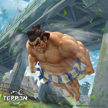 Rule 34 | 1boy, abs, arms at sides, bare legs, barefoot, black hair, blue sky, building, capcom, cityscape, clenched hands, clenched teeth, clothing request, cloud, copyright logo, copyright name, copyright notice, dutch angle, e. honda, facial tattoo, falling leaves, fat, fat man, full body, grass, hairstyle request, headbutt, highway, jumping, leaf, logo, male focus, midair, muscular, muscular male, nose, outdoors, ruins, short hair, sky, solo, street fighter, sumo, tattoo, teeth, teppen, thick eyebrows, topknot, topless male, wind, yu cheng hong