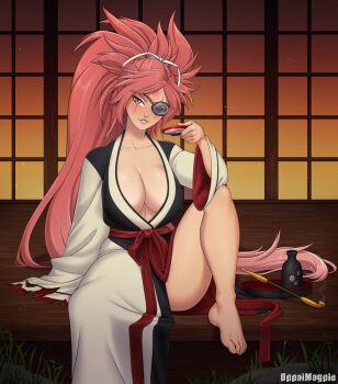 1girl alcohol baiken barefoot black_kimono breasts cleavage collarbone commentary cup english_commentary eyepatch facial_tattoo foot_out_of_frame grin guilty_gear high_ponytail highres holding holding_cup japanese_clothes kimono kiseru large_breasts lips long_hair looking_at_viewer multicolored_kimono one-eyed one_eye_closed oppai_magpie pink_eyes pink_hair ponytail porch red_sash sakazuki sake sash scar scar_across_eye scar_on_face sitting smile smoking_pipe solo tattoo tokkuri tray very_long_hair white_kimono