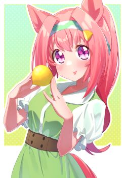 1girl absurdres animal_ears belt blush border commentary_request contrast_collar cowboy_shot dress flower_in_eye food food-themed_hair_ornament freely2327 fruit gradient_background green_background green_dress green_headband hair_between_eyes hair_intakes hair_ornament haru_urara_(umamusume) headband highres holding holding_food horse_ears horse_girl horse_tail lemon lemon_hair_ornament long_hair looking_at_viewer outline outside_border pink_hair polka_dot polka_dot_background purple_eyes short_sleeves sidelocks smile solo symbol_in_eye tail tongue tongue_out umamusume white_border white_outline