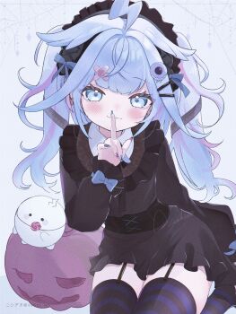 1girl absurdres ahoge alternate_hairstyle artist_name black_dress blue_eyes blue_hair blush dress finger_to_mouth garter_straps hair_ornament hairband highres hololive hololive_dev_is jack-o&#039;-lantern lolita_hairband long_hair long_sleeves looking_at_viewer mizumiya_su multicolored_nails nail_polish nishi_ao pink_streaks signature solo striped_clothes striped_thighhighs thighhighs twintails virtual_youtuber x_hair_ornament zettai_ryouiki
