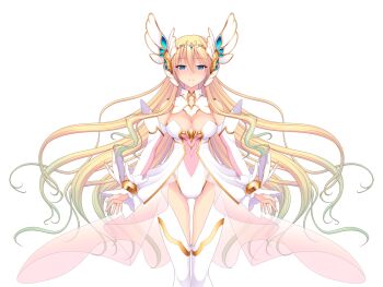 1girl bare_shoulders blonde_hair blue_eyes blush breasts cleavage detached_collar detached_sleeves dress en_ciel_rena en_ciel_rena_(laelith) game_cg gradient_hair green_hair hair_ornament kourin_tenshi_en_ciel_rena large_breasts large_variant_set leotard long_hair looking_at_viewer magical_girl multicolored_hair non-web_source official_art saitou_natsuki see-through_clothes smile solo standing suhamaya thighhighs tomoe_rena transparent_background variant_set very_long_hair white_thighhighs