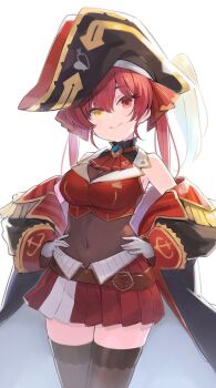 1girl belt black_thighhighs blue_gem breasts brooch cleavage commentary covered_navel cowboy_shot gem gloves hands_on_own_hips hat heterochromia highres hololive houshou_marine houshou_marine_(1st_costume) jewelry large_breasts leotard leotard_under_clothes long_hair looking_at_viewer minoa_(lastswallow) no_eyepatch off_shoulder pirate_hat pleated_skirt red_eyes red_hair red_skirt see-through_cleavage see-through_clothes see-through_leotard simple_background skirt smile solo thighhighs twintails virtual_youtuber white_background white_gloves yellow_eyes zettai_ryouiki