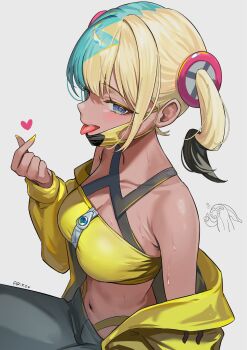 1girl aqua_hair ariko_(aaaaarik) armpit_crease bandeau blonde_hair blue_eyes breasts canari_(pokemon) cleavage collarbone commentary criss-cross_halter crop_top dark-skinned_female dark_skin finger_heart grey_pants hair_ornament halterneck heart highleg highres jacket large_breasts long_hair long_sleeves looking_at_viewer mask mask_pull midriff mouth_mask multicolored_hair nail_polish navel nintendo off_shoulder open_clothes open_jacket open_mouth pants pokemon pokemon_legends:_z-a shirt short_twintails simple_background sleeveless sleeveless_shirt smile solo split-color_hair stomach sweat tongue tongue_out twintails two-tone_hair white_background yellow_bandeau yellow_jacket yellow_nails yellow_shirt zipper_pull_tab