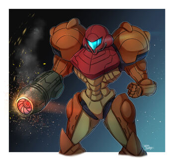 Rule 34 | 1girl, arm cannon, armor, artist name, assault visor, blue visor, clenched hand, commentary request, cropped legs, full armor, metroid, multicolored armor, nintendo, power armor, power suit (metroid), samus aran, science fiction, signature, solo, varia suit, wakaba (wata ridley), weapon