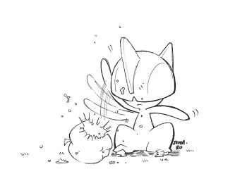 apple artist_name bowl_cut food fruit gen_3_pokemon hair_over_eyes hitting horns nintendo pokemon pokemon_(creature) ralts serious signature simple_background superiordutchsauce white_background