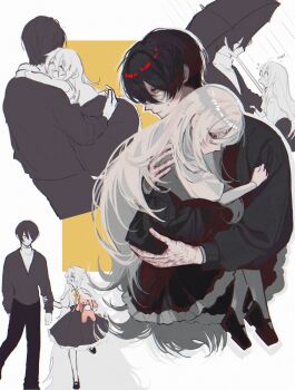 1boy 1girl :d ^_^ black_hair black_jacket black_pants black_shoes black_skirt black_umbrella carrying carrying_person charles_eyler charlotte_wiltshire closed_eyes frilled_skirt frills hashtag-only_commentary hello_charlotte highres holding_another's_wrist hug jacket lllli0_0illll long_hair mary_janes multiple_views open_mouth pants rain ribbon scar self-harm_scar shirt shoes short_hair simple_background skipping skirt sleeping smile sparkle stuffed_animal stuffed_rabbit stuffed_toy sweatdrop thighhighs two-tone_background umbrella very_long_hair white_hair white_shirt white_thighhighs white_turtleneck yellow_eyes yellow_ribbon