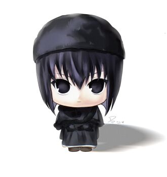 1girl artist_name beanie black_capelet black_dress black_eyes black_gloves black_hair capelet chibi deformed dress expressionless full_body fur-trimmed_capelet fur_trim gloves hat heart highres initial kuonji_alice long_sleeves looking_at_viewer mahou_tsukai_no_yoru medium_hair pppeipeipipi shadow standing