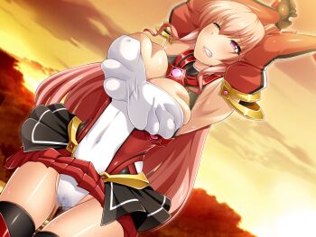 1girl armpits arms_up bdsm black_thighhighs blush bondage bound bound_wrists breasts breasts_squeezed_together cameltoe censored chest_jewel cleavage clenched_teeth clothes_lift covered_erect_nipples covered_navel deep_skin detached_sleeves dutch_angle exs-tia_chevalier exs-tia_chevalier_(exs-tia_2) game_cg gem gloves grabbing_another&#039;s_breast groping hassen_(8cm) kouyoku_senki_exs-tia large_breasts large_variant_set leotard long_hair magical_girl mosaic_censoring non-web_source official_art one_eye_closed pink_eyes pink_hair purple_eyes pussy_juice restrained rieszverne_suzette_paladill shiny_clothes shiny_skin showgirl_skirt skirt solo sunset sweat tears teeth thighhighs variant_set white_leotard wince