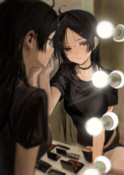 1girl absurdres ahoge black_choker black_eyes black_hair black_panties black_shirt blush bra_visible_through_clothes choker closed_mouth commentary from_behind hidulume highres looking_at_viewer mole mole_under_mouth on_table original panties parted_bangs reflection see-through_clothes see-through_shirt shirt sitting solo sweatdrop table underwear