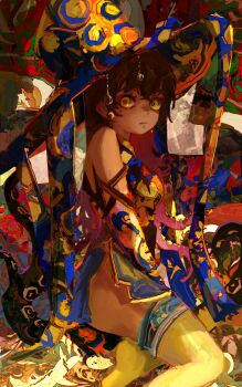 1girl abstract_background absurdres bare_shoulders brown_hair colorful commentary dark_skin english_commentary hat highres kevin_adi looking_at_viewer original solo wizard_hat yellow_eyes