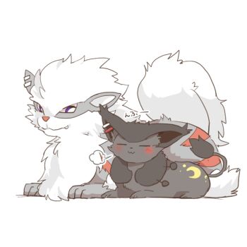 Rule 34 | :3, alternate color, arcanine, blush stickers, chibi, closed eyes, closed mouth, crescent, delcatty, ear piercing, fang, fang out, gen 1 pokemon, gen 3 pokemon, higuchi kaede, nijisanji, nintendo, no humans, piercing, pokemon, pokemon (creature), rebecca (keinelove), simple background, tsukino mito, virtual youtuber, white background