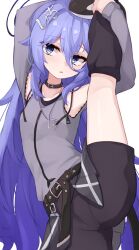 Rule 34 | 1girl, absurdres, ayanue, belt, black choker, black hat, black shorts, choker, clothing cutout, crotch seam, hair ornament, halo, hat, highres, holding leg, jewelry, long hair, looking at viewer, necklace, open mouth, original, purple eyes, purple hair, shorts, shoulder cutout, simple background, skirt, solo, split, standing, standing on one leg, standing split, thighs, very long hair, white background