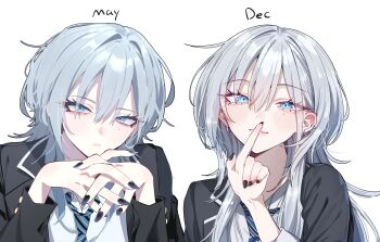 1girl absurdres black_jacket black_nails blue_eyes blue_hair blue_necktie blush choppy_bangs closed_mouth commentary_request diagonal-striped_clothes diagonal-striped_necktie ear_piercing finger_to_mouth fingernails grey_hair haimiya_mio_(kamiyama_sumu) hair_between_eyes hand_up highres jacket kamiyama_sumu long_hair long_sleeves looking_at_viewer mole mole_under_eye multiple_views nail_polish necktie original own_hands_together piercing shirt shushing simple_background striped_clothes upper_body white_background white_shirt